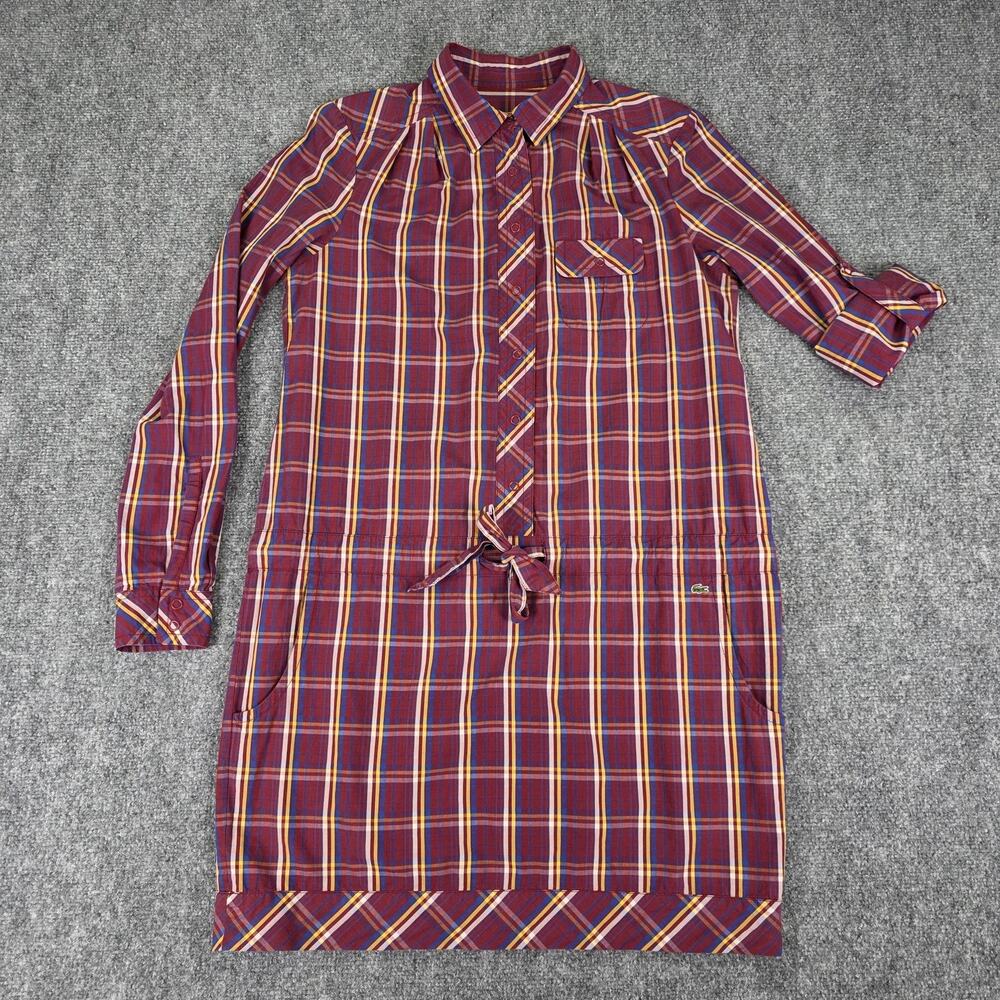 Lacoste Dress Womens 40 Red Plaid Shirt Dress Roll Tab Sleeve Cotton Pockets - Picture 5 of 16